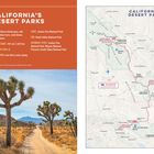 Text: "California's Desert Parks. Start: Joshua Tree National Park. End: Death Valley National Park."

Links: Eine Wüstenstraße mit Josuabäumen. Rechts: Karte mit Reiseroute durch Desert Parks.