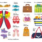 Links: Verschiedene Schuhe, rechts: Verschiedene Taschen. Texte benennen die Art der Schuhe und Taschen (z.B. „soccer cleats“).