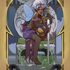 "QUEEN OF SWORDS" Text unten. Illustration einer Kriegerin mit Flügeln, Krone und Schwert, auf einem Thron sitzend. Goldener Rahmen.