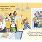 „On the first or second evening of Passover...“ Zwei Personen im Gespräch; andere öffnen die Tür. Kinder jubeln.