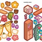 Links: "Bedroom", rechts: "Laundry room". Illustration von Zimmern, dekorativen Objekten und Tieren bei Hausarbeiten.