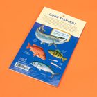 "Gone Fishing!" und Fisch-Illustrationen: Tarpon, Snapper, Barsch, Meeräsche. Hintergrund ist orange.