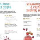 Links: "Calming Salt Scrub", rechts: "Strawberries & Cream Shower Scrub." Beide Texte enthalten Zutaten und Anleitungen.