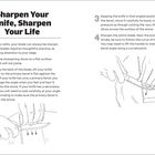 Text: "Sharpen Your Knife, Sharpen Your Life." Anleitungen zum Messerschärfen mit Illustrationen von Händen und einem Messer.