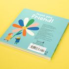 "Thank you friend!" in großer Schrift. Illustration: Kinder halten eine bunte Blume auf blauem Hintergrund.