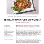 **TERIYAKI-HACKFLEISCH-NUDELN**  
Chilischarf und herrlich deftig.  
Für 2 Personen, 20 Min. Zubereitung, 810 kcal.  

Ein Teller mit Nudeln und Koriander.

Rezeptbeschreibung und Zutatenliste sind ebenfalls vorhanden.