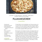 Flammkuchen aus dem Elsass. Zutaten: Reismehl, Buchweizenmehl, Speck, Zwiebel. 8 Stücke, 320 kcal pro Stück. Zubereitung beschrieben.