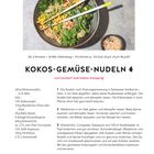 "Kokos-Gemüse-Nudeln: curryscharf und kokos-knusprig. Weizennudeln, Kokosraspeln, Maiskörner, Spinat. Pfanne 59."