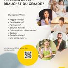 Welches Rezept brauchst du gerade? Veggie-Trends? Familienküche? Illustration von Menschen beim Kochen. QR-Code. GU-Logo.