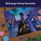 "Bleib länger Teil der Geschichte." Ein unvollständiges Puzzle zeigt zwei majestätische blaue Drachen und ein kleines gelbes Wesen.