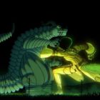Leuchtende Illustration: Ein gepanzerter Krieger mit Schild kämpft gegen ein großes, drachenähnliches Monster in dunkler Umgebung.