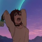 Illustration: Eine Person schreit mit erhobenen Armen vor einem lila Abendhimmel, Berge im Hintergrund.