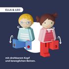 Text: "ELLA & LEO, mit drehbarem Kopf und beweglichen Beinen." Illustration: Zwei Holzfiguren, ein Junge und ein Mädchen.