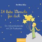 "24 liebe Wünsche für dich. Ein Adventskalender mit 24 Postkarten." Illustration von "Der kleine Prinz" mit Sternen.