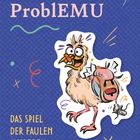 „Der ProblEMU. Das Spiel der faulen Ausreden.“ Illustration eines lustigen Emus mit Rucksack, bunte Dekorationen.