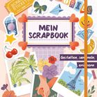 "Mein Scrapbook. Gestalten, sammeln, erinnern." Bunte Illustrationen von Fotos, Blumen und Symbolen wie Smiley und Flugzeug.