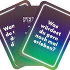 "Karten mit Texten: 'Was würdest du gern noch mal erleben?' und 'Wandert du gern, dann...'. Bunte Hintergründe."