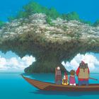 Eine Illustration zeigt vier Personen auf einem Boot vor einer riesigen, schwebenden Insel mit dichter Vegetation.