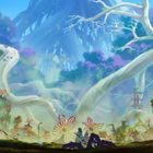 Illustration einer fantastischen Landschaft mit riesigen Bäumen, bunten Blumen und einer fernen Bergkette im Hintergrund.