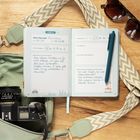 Ein offenes Reisetagebuch über Barcelona mit handgeschriebenen Notizen. Daneben liegen eine Kamera und Sonnenbrille.