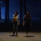 Zwei Frauen gehen im Dunkeln von einem beleuchteten Raum auf einen Wald zu. Licht fällt durch eine offene Tür.