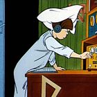 Ein Kind trägt Schlafanzug und Kopfhörer und dreht an einem Schalter eines Geräts mit Anzeigen und Knöpfen. Es wirkt konzentriert.