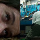 Links ein Gesicht einer Frau mit Klebeband am Mund, rechts ein Mann an einer Werkbank mit vielen Werkzeugen.