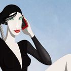 Illustration einer stilisierten Frau mit schwarzem Haar, die auf einer Schaukel sitzt und mit einem roten Handy telefoniert.