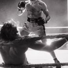 Ein Boxer mit "Everlast" auf dem Gürtel steht über einem sitzenden Gegner im Boxring.