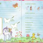 "Alles über mich!" mit Feldern: Name, Adresse, Geburtstag, Familie, Lieblingstiere. Einhorn, Schmetterlinge und Blumen sind zu sehen.