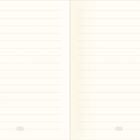 Ein offenes, linienkariertes Notizbuch mit einem dezenten Ornament unten auf beiden Seiten.