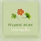 "Willkommen!" und "Pflanze deine Wünsche". Illustration: Ast mit Blüten und Vogel, grüne Umschläge.