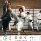 "THE KING OF BOXERS" auf einem Filmplakat. Menschen in Kampfposen tragen weiße Kampfanzüge in einem Dojo mit Holzwänden.