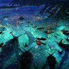 Signatur unten rechts: Dylan Cole. Menschen auf Booten in leuchtendem Wasser, große Kreaturen, und eine dichte Vegetation im Hintergrund.