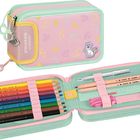 Etui mit "smaepp" Aufschrift, pastellfarben, enthält Buntstifte, Bleistifte, Lineal und Schere. Verziert mit Katzendesign.