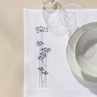 Ein weißes Tuch mit schwarzen, ineinander verwobenen Blumensilhouetten, Gläsern und einer Schüssel auf hellem Hintergrund.