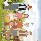 Der Text sagt "Pettersson und Findus". Illustration mit Figuren auf einem Hof, Tieren und einem roten Haus im Hintergrund.