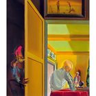 Salvador Dalí, Gala und die Engel von Millie, 1933. Ein Mann sitzt am Tisch, hinten steht eine Puppe. Links schaut eine Frau um die Ecke.