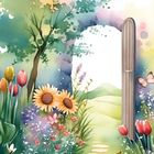 Text "20" in einer Sonne und "PARK". Illustration eines Gartens mit Blumen, Bäumen und offenem Torbogen.