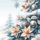 Winterliche Illustration mit Tannenzweigen, Schneeflocken, roten Beeren, zwei Glocken und zwei hellen Weihnachtssternen.