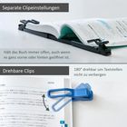 „Separate Clipeinstellungen“ oben zeigt ein Buchhalter, „Drehbare Clips“ unten zeigt einen blauen Clip auf einem Buch.