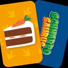 Text "SCHNAPPO SAURUS" in bunten Buchstaben. Illustration eines Karottenkuchens auf gelbem Hintergrund mit Fußabdrücken.