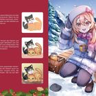 Schritt-Anleitungen zur Koloration von Katzen. Neben einem winterlichen Hintergrund sitzt eine Person, die heißes Getränk hält.