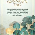 Text: "AN EINEM SONNIGEN TAG. Das strahlende Antlitz der Sonne erleuchtet den Himmel und deinen Horizont..."

Illustration: Malerische Bäume vor einer goldenen Sonne.