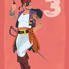 Der Text "3". Illustration einer Piratin mit Pfeife, Schwert und rotem Hintergrund.
