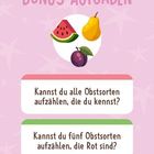 BONUS-AUFGABEN: Obstabbildungen mit Wassermelone, Birne und Pflaume. Textfragen zu Obstarten.