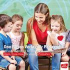 "Don Bosco Verlag für Pädagogik. Wir unterstützen Sie bei Ihrer pädagogischen Arbeit mit Ideen, Know-How und unseren Produkten." Eine Frau mit roten Shirt und drei Kinder sitzen zusammen. Links unten Logo "Don Bosco".