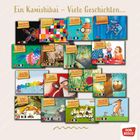 "Ein Kamishibai – Viele Geschichten" mit 16 farbenfrohen Buchcovern und dem roten Don Bosco Logo.