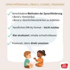 Text über Sprachförderung, Methoden und Nutzung. Illustration: Zwei Kinder sitzen und unterhalten sich. Logo unten rechts.