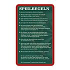 Oben in großen Buchstaben: SPIELREGELN. Darunter die Spielanleitung, auf grünem Hintergrund mit rotem Rand.